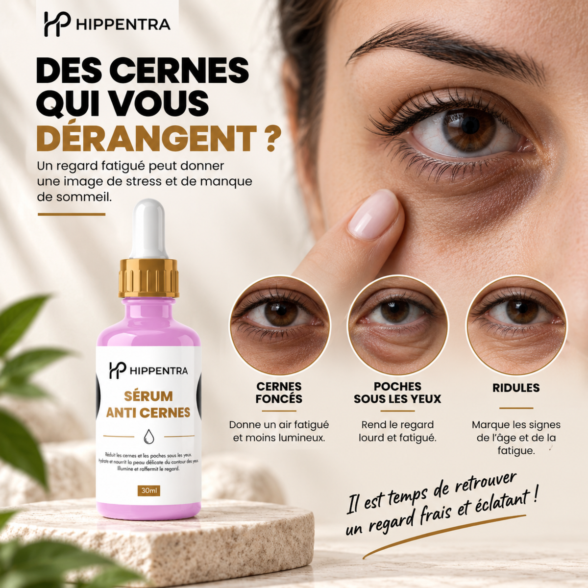 HIPPENTRA® Sérum Anti-Cernes – Éclat & Hydratation du Contour des Yeux – 30 ml