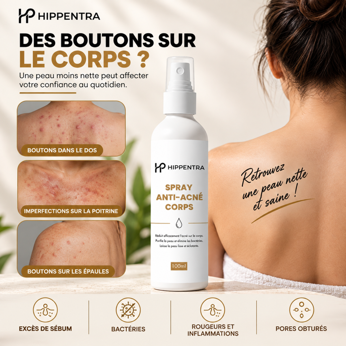 HIPPENTRA® Spray Anti-Acné Corps – Soin Purifiant – 100 ml