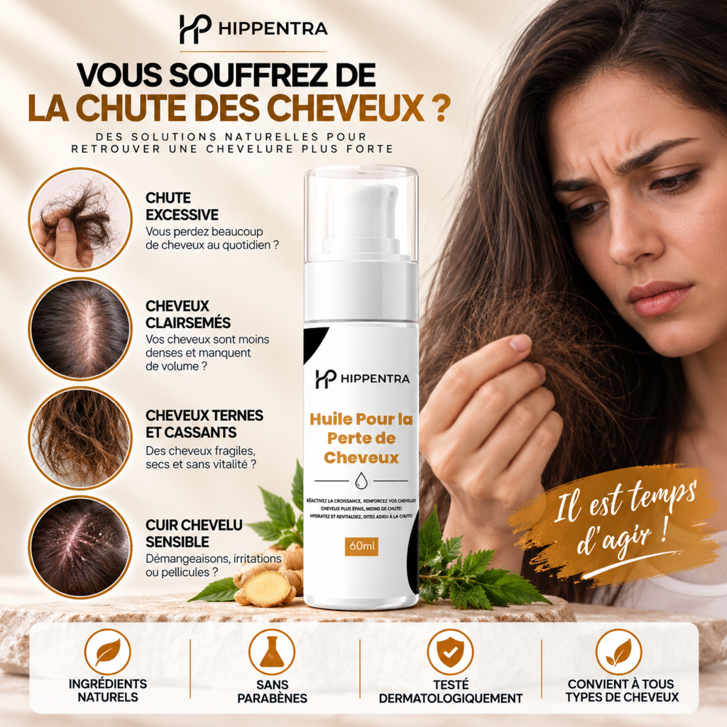 HIPPENTRA® Huile Anti-Chute & Fortifiante pour Cheveux – 60 ml