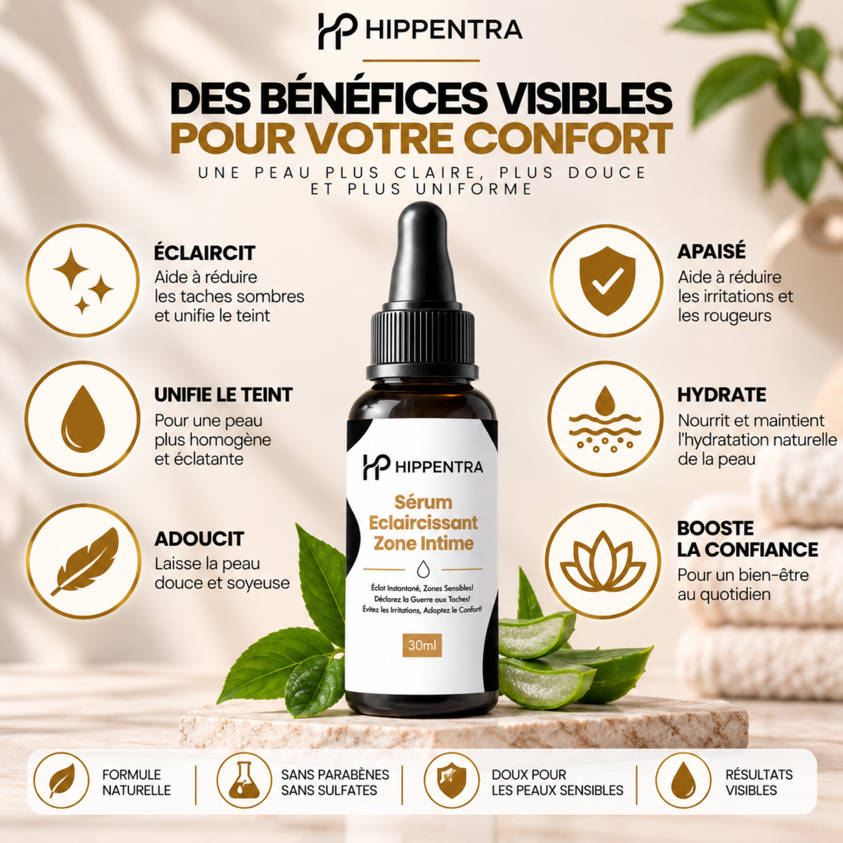 HIPPENTRA® Sérum Éclaircissant Zone Intime – Unifie & Hydrate – 30 ml