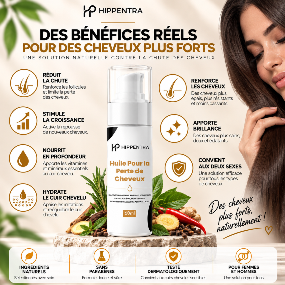 HIPPENTRA® Huile Anti-Chute & Fortifiante pour Cheveux – 60 ml