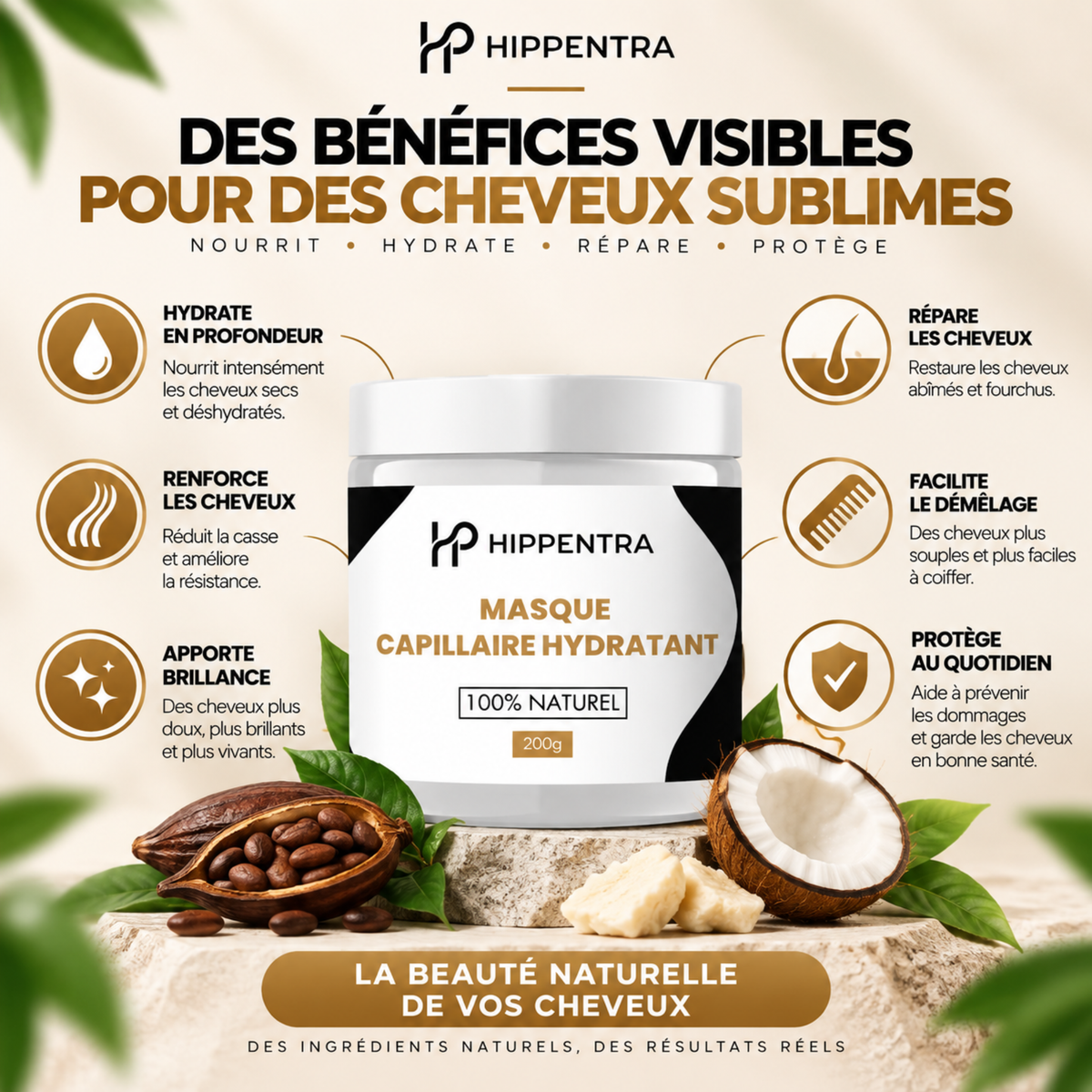 HIPPENTRA® Masque Capillaire Hydratant & Réparateur – 200 g
