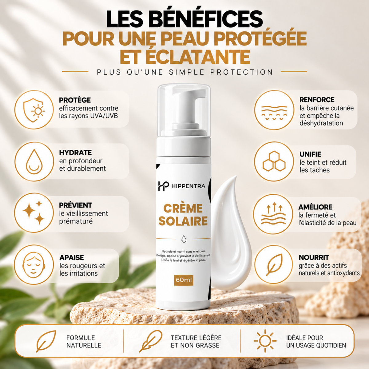 HIPPENTRA® Crème Solaire – Hydratation & Protection Quotidienne – 60 ml