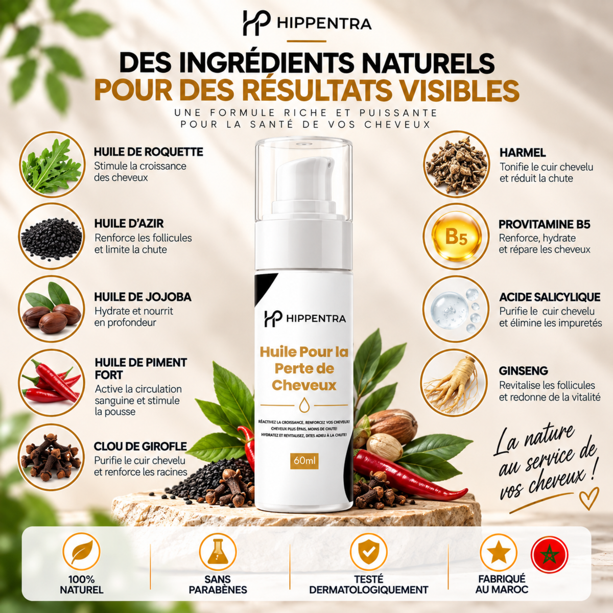 HIPPENTRA® Huile Anti-Chute & Fortifiante pour Cheveux – 60 ml