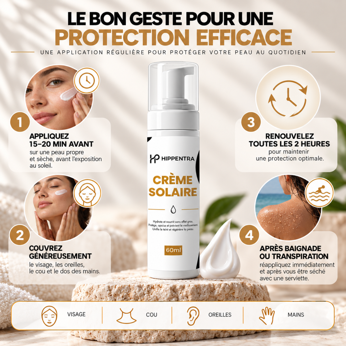 HIPPENTRA® Crème Solaire – Hydratation & Protection Quotidienne – 60 ml
