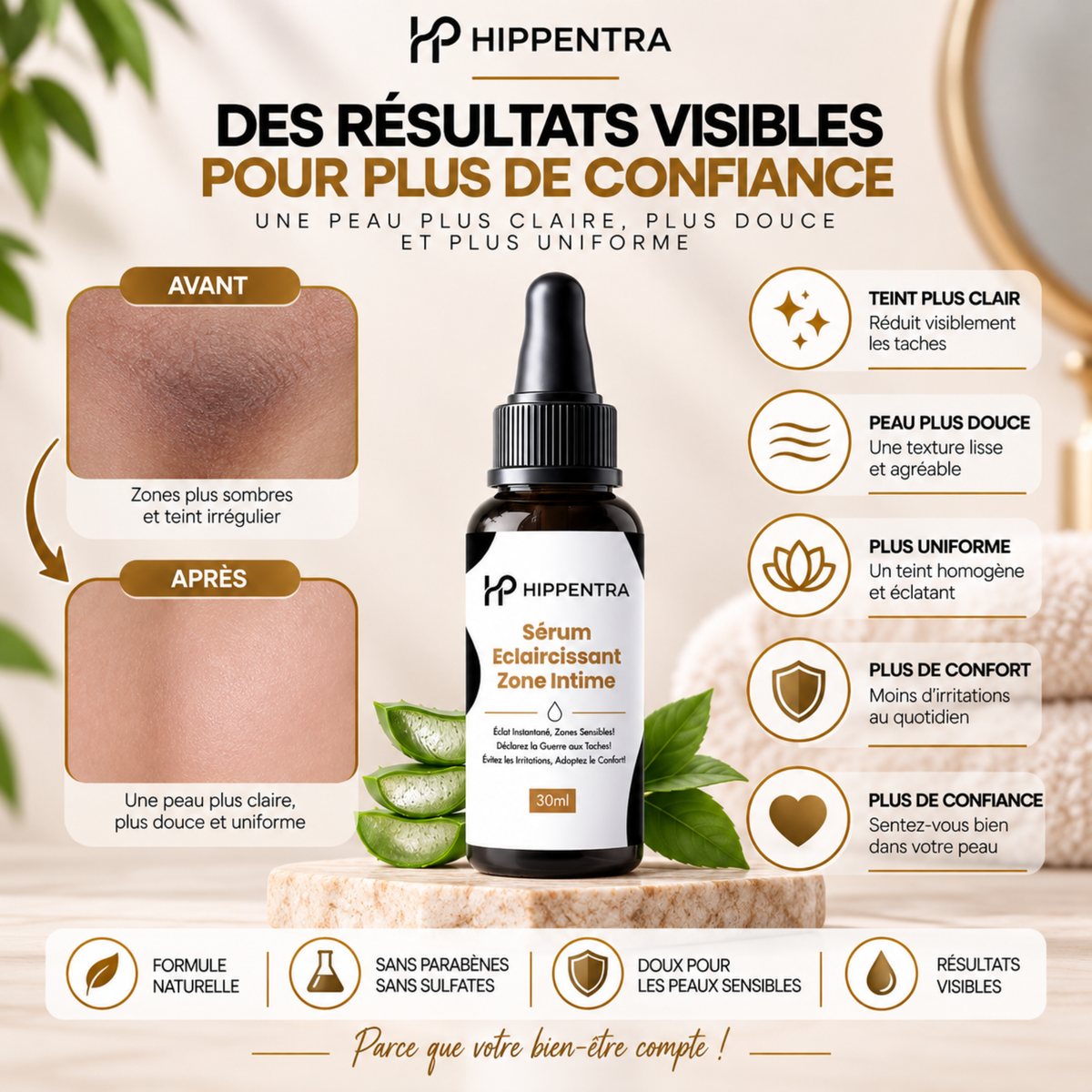 HIPPENTRA® Sérum Éclaircissant Zone Intime – Unifie & Hydrate – 30 ml