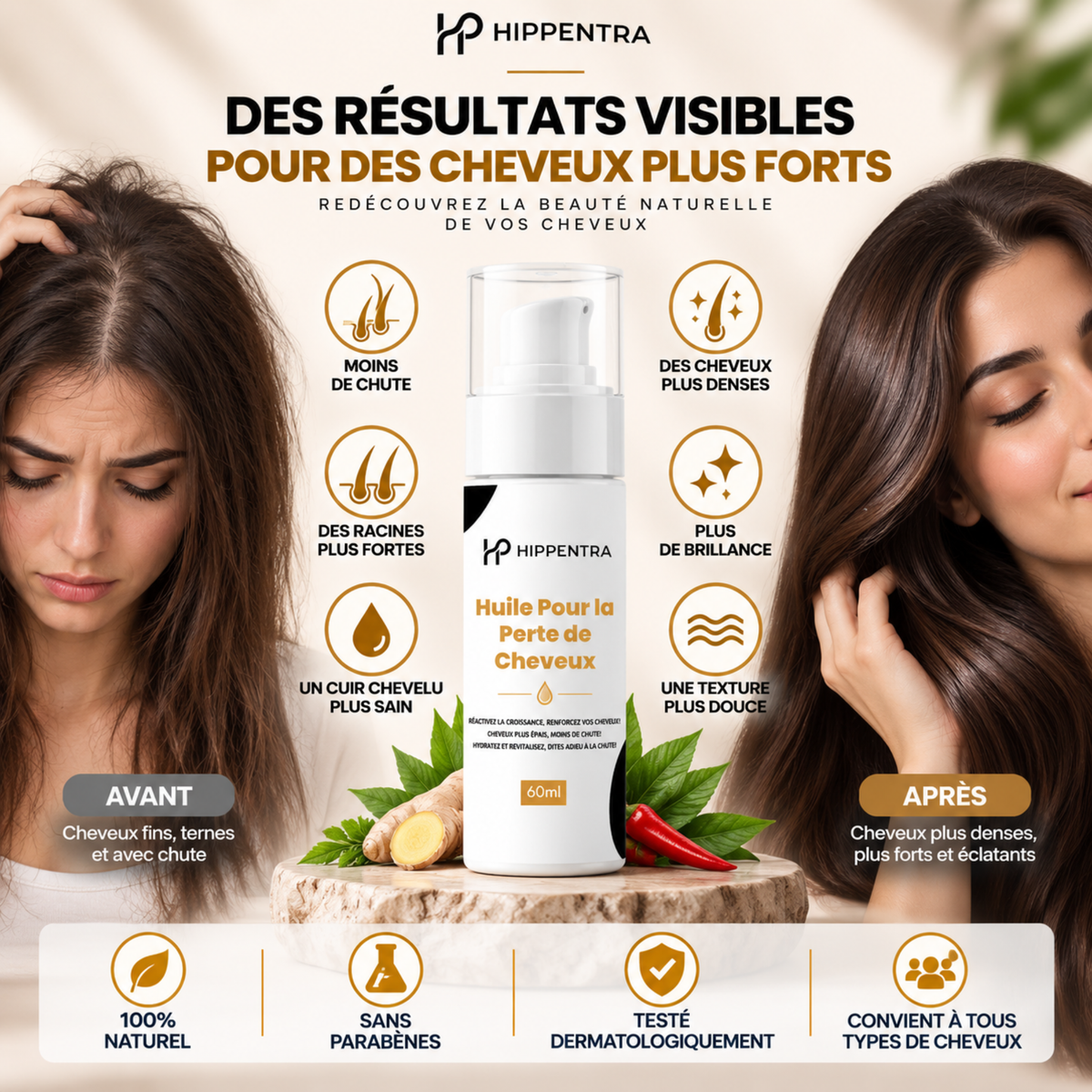 HIPPENTRA® Huile Anti-Chute & Fortifiante pour Cheveux – 60 ml