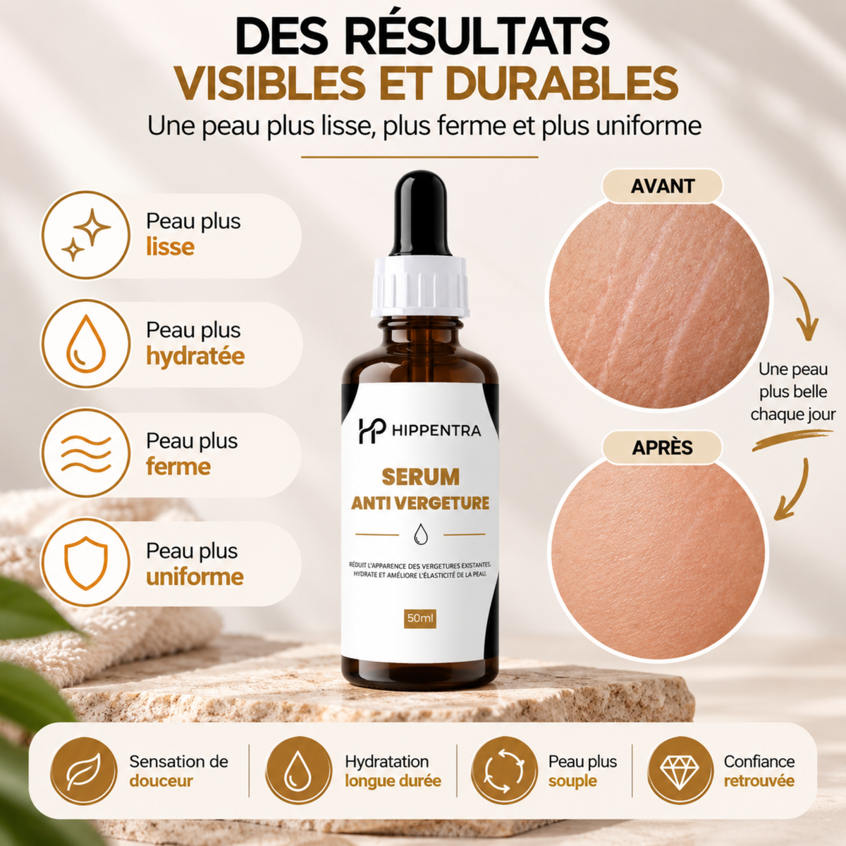 HIPPENTRA® Sérum Anti-Vergetures – Hydratation & Élasticité – 50 ml