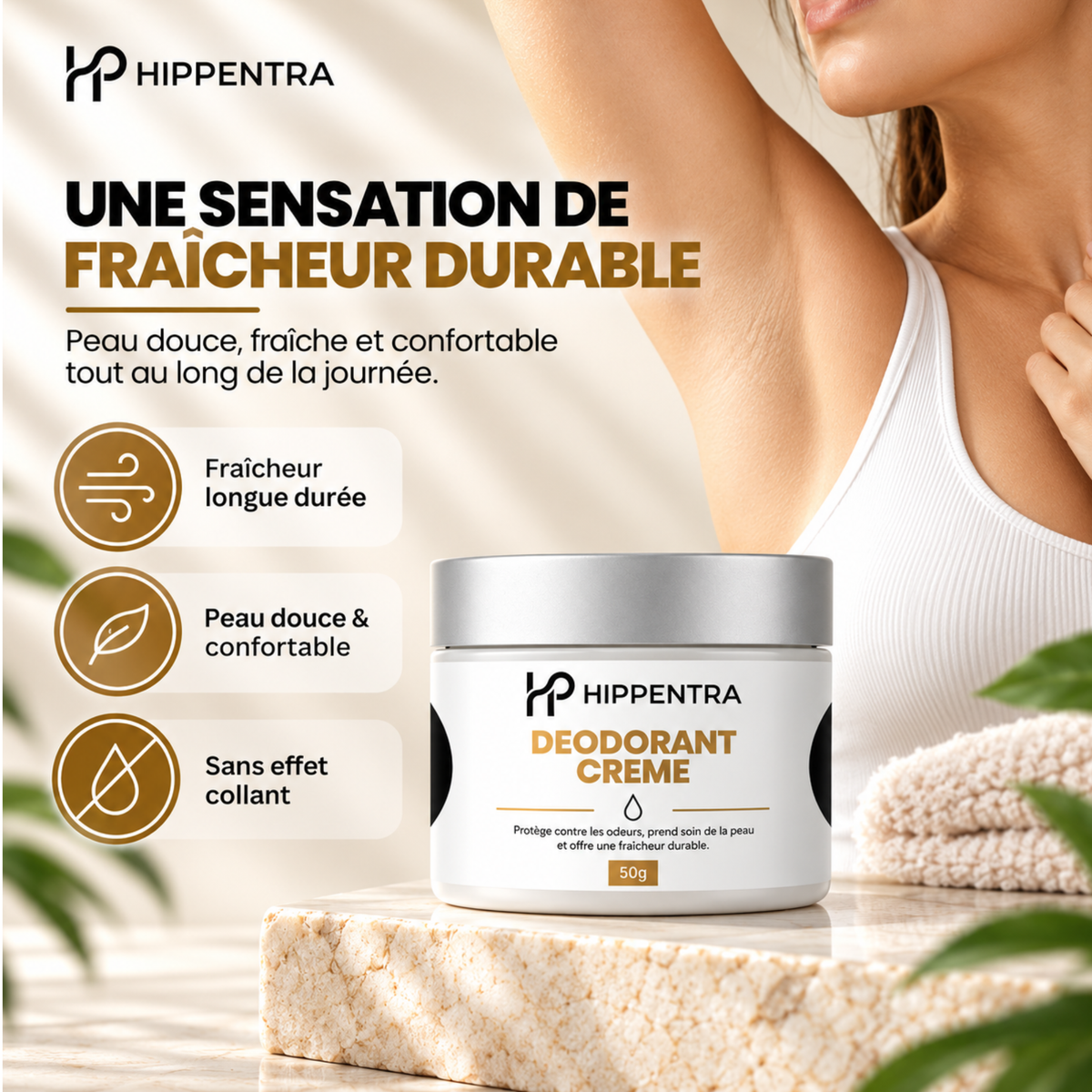 HIPPENTRA® Déodorant Crème – Protection & Fraîcheur Longue Durée – 50 g