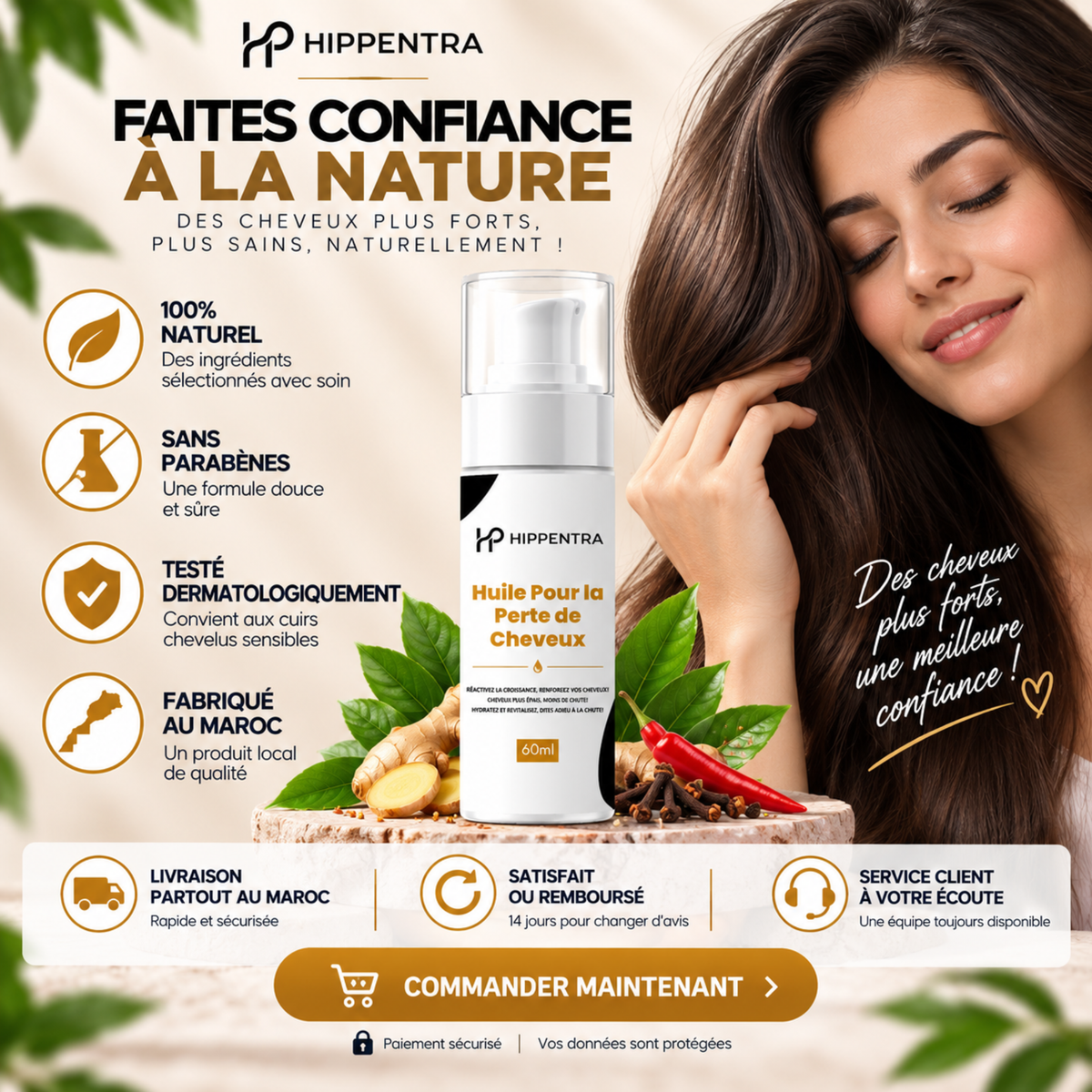 HIPPENTRA® Huile Anti-Chute & Fortifiante pour Cheveux – 60 ml